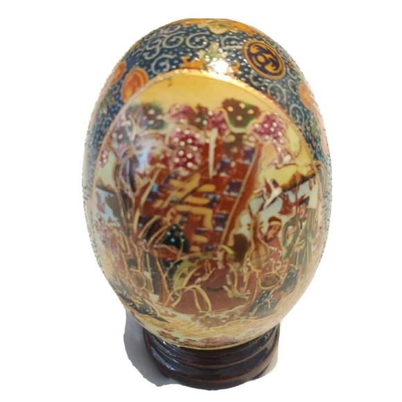 Vintage Chinese Ceramic Eggs Large 5x3" Festive Hand Painted W/ Wooden Pedestal - Picture 1 of 16